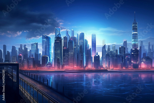 AI-Powered Cityscape: Depict a futuristic cityscape illuminated by AI-generated lights and digital billboards, city skyline at night, Glimpse the AI-Powered Cityscape: Depict a futuristic cityscape 