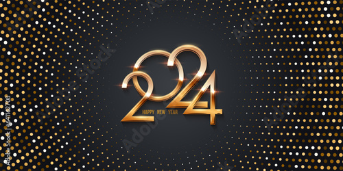 2024 Happy New Year clock countdown template. Gold halftone glitter shining in light with sparkles. Greeting festive card with golden numbers vector illustration. Merry holiday poster or wallpaper