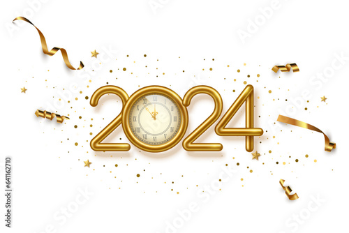 2024 Happy New Year clock countdown on white background. Gold glitter shining in light with sparkles celebration. Greeting festive card vector illustration. Merry holiday poster or wallpaper design