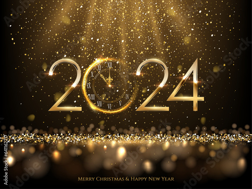 2024 Happy New Year clock countdown background. Gold glitter shining in light with sparkles abstract celebration. Greeting festive card vector illustration. Merry holiday poster or wallpaper design photo