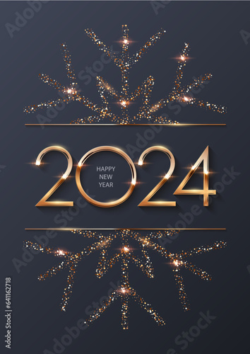 Happy New Year 2024 with gold frame and snowflake. Shining with sparkles numbers and border Merry Christmas card on grey background. Greeting festive vector illustration. Holiday modern poster