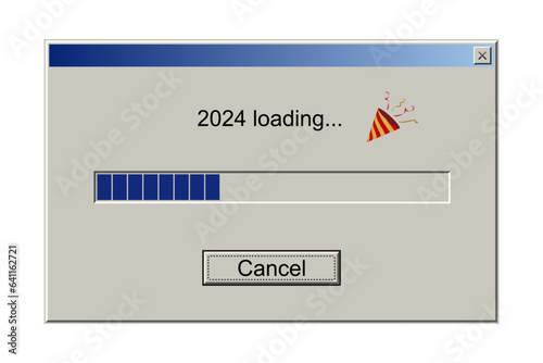 2024 loading notification message in classic retro style of system user interface vector illustration. Retro download bar and buttons, window design mockup with upload progress of New Year holiday