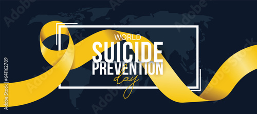 World Suicide prevention day text in white frame with yellow ribbon awareness sign roll around frame on dark world map background vector design