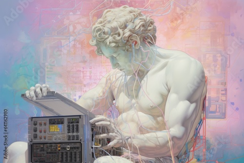 titan ancient greek prometheus chained to a cyberpunk computer chip 