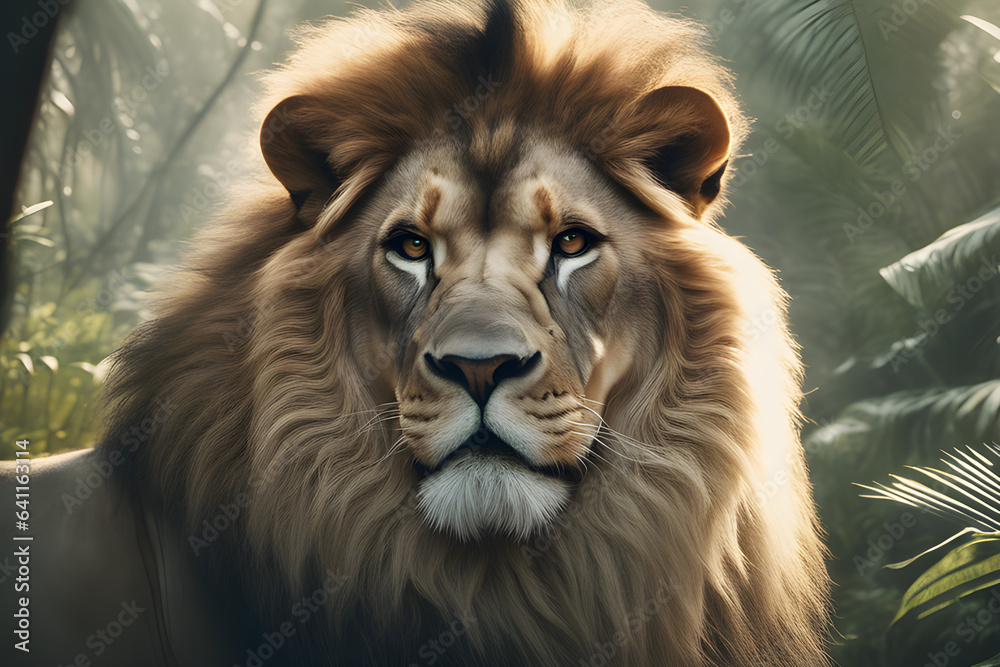 Fototapeta premium a picture of a nice lion in the jungle, Generative AI