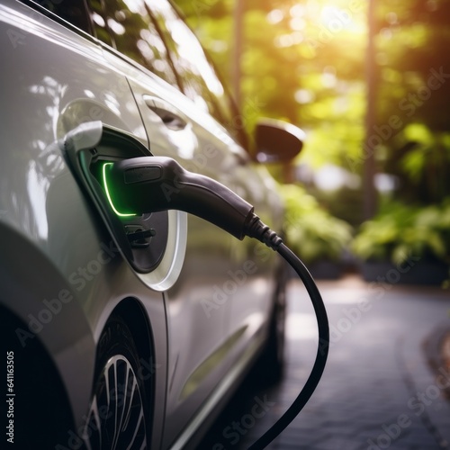 details of electric car charging on city streets. EV charging on street electric power supply station with power cable. Eco power, EV, concept. green energy,
