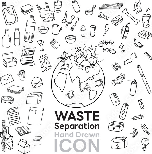 Waste separation hand drawn icon set. Earth with garbage and waste line drawn illustration environmental concept design eps.