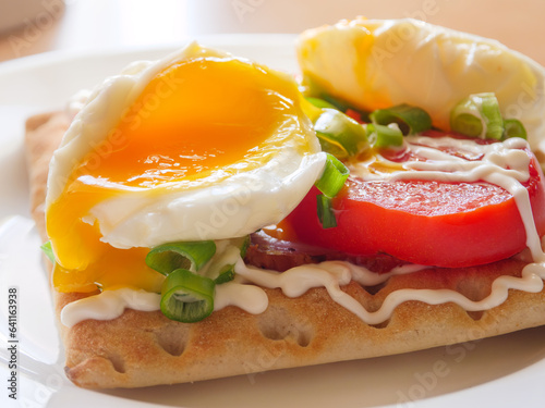 Bread with cutted boiled egg, sliced red tomatoes and fresh green onion.