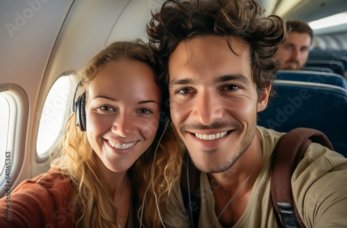 Happy tourist taking selfie inside airplane - Cheerful couple on summer vacation - Passengers boarding on plane - Holidays and transportation concept. Model by AI generative © StockWorld