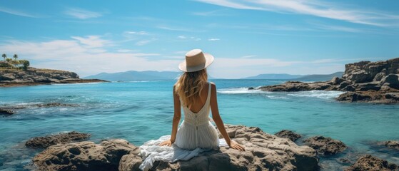 back view photograph of a female travel instagram influencer sitting on stone beach