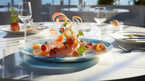 an artful arrangement of fusion dishes on a spotless white table lit by a cascade of natural sunlight. Subtle interplay of shadows and highlights. Mediterranean cuisine.