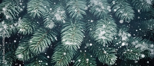 close up snow-covered fir green branches and snowfall flakes. Christmas banner background