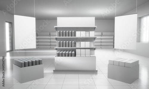 Box with cans, packages mockup, Shelf-stoppers in supermarket, Banner hangging in store, 3D rendering