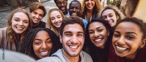Multiracial friends taking big group selfie shot smiling at camera Laughing young people standing outdoor and having fun
