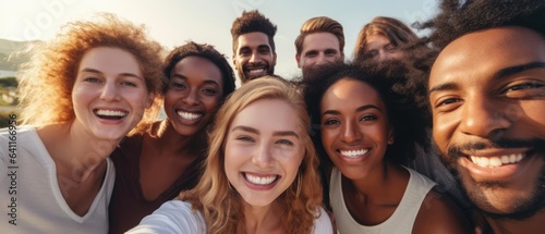 Multiracial friends taking big group selfie shot smiling at camera Laughing young people standing outdoor and having fun © Fred