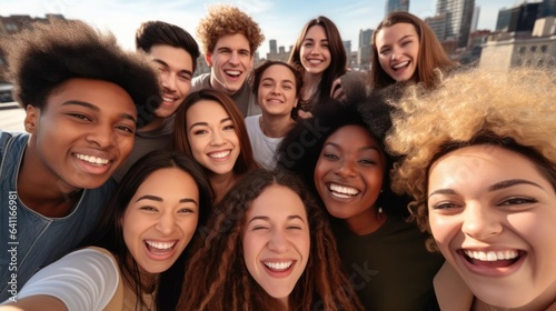 Multiracial friends taking big group selfie shot smiling at camera Laughing young people standing outdoor and having fun