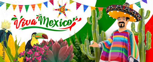 Viva Mexico banner with Mexican cowboy character, toucan, cactuses and flowers, vector cartoon background. Mexico holiday fiesta banner with Mexican man in sombrero, poncho and pinata with corn maize