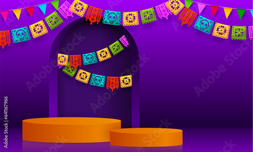 Mexican podium with papel picado flags. Vector 3d stages or display platforms for Day of the Dead or Dia De Los Muertos offerings. Mexico Halloween holiday podiums with skull and flower flags