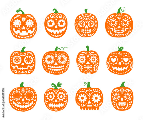 Halloween or Day of the Dead party mexican pumpkins, Dia De Los Muertos holiday decorations. Vector pumpkin sugar skulls with cartoon calavera and flower ornaments, carved mouths, teeth and eyes
