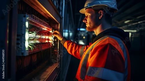 A man in a helmet, an electrician inspects an electric shield.