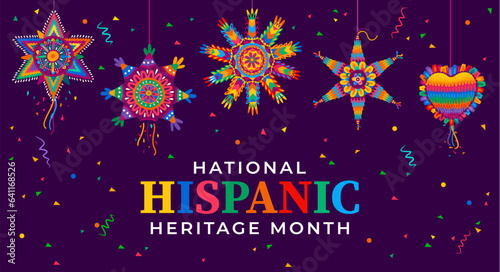 Holiday pinata on national Hispanic heritage month festival, vector banner background. Hispanic Americans culture, traditions and art heritage festival poster with colorful pinatas heart and star
