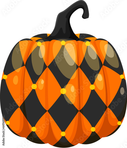 Halloween painted pumpkin with holiday ornament. Isolated vector festive gourd plant showcasing creative design like black and orange rhombus pattern. Seasonal decoration and Hallowmas celebration