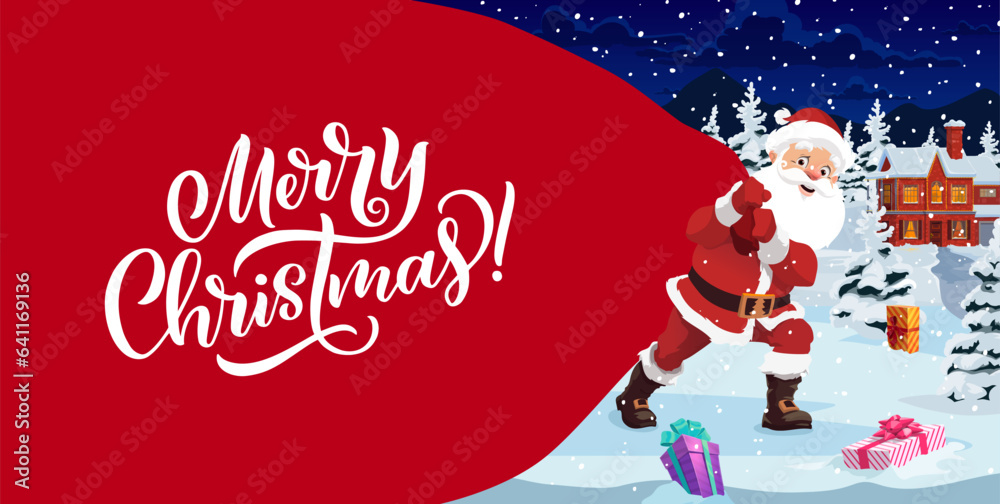 Christmas banner, cartoon santa with big bag and gifts on snow. Vector xmas seasonal greeting card or placard with funny Noel with red sack deliver presents at snowy landscape with town and forest Christmas banner, cartoon santa with big bag and gifts on snow. Vector xmas seasonal greeting card or placard with funny Noel with red sack deliver presents at snowy landscape with town and forest