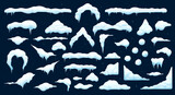 Cartoon christmas snow and ice caps with icicles. Isolated vector set of snowballs and snowdrifts. Winter snowy decoration elements. Long and short icy roof framing, window corners, piles and stripes