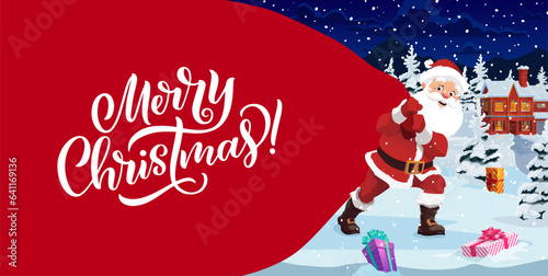 Christmas banner, cartoon santa with big bag and gifts on snow. Vector xmas seasonal greeting card or placard with funny Noel with red sack deliver presents at snowy landscape with town and forest