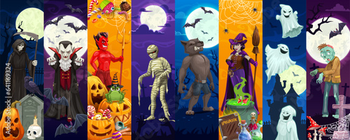 Canvas Print Halloween characters collage with spooky monsters of horror night holiday, cartoon vector