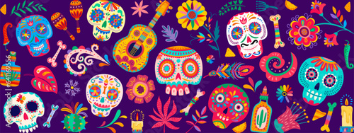 Dia De Los Muertos mexican holiday. Day of the Dead banner. Vector background with Mexico pattern of calavera sugar skulls, guitar, maracas and tequila, candles, cactus, flowers, bones and feathers