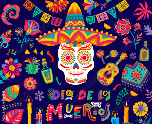 Dia De Los Muertos mexican holiday flyer with calavera sugar skull, candles, guitar and tropical flowers. Vector Day of the Dead or Mexico Halloween holiday pattern with sombrero hat, maracas, tequila