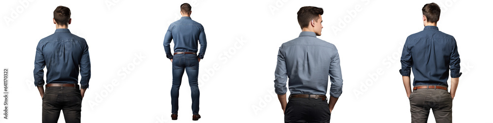 Man in jeans standing with hands in pockets wearing blue shirt isolated on transparent background Man in jeans standing with hands in pockets wearing blue shirt isolated on transparent background