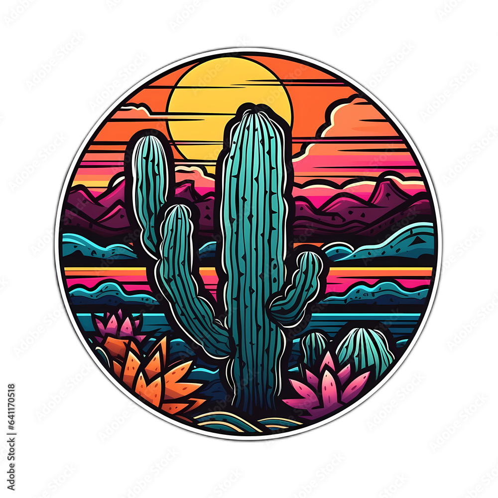 Circular desert landscape illustration featuring cactus, sunset, stylized nature elements in vibrant colors with bold artistic flair, modern graphic design on transparent background
