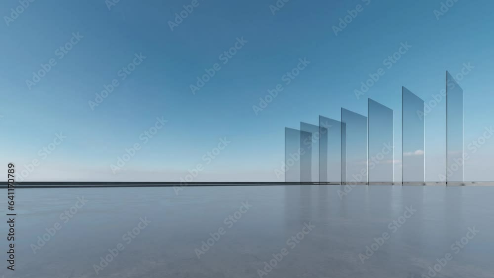 3d render of abstract futuristic glass architecture with empty concrete floor.