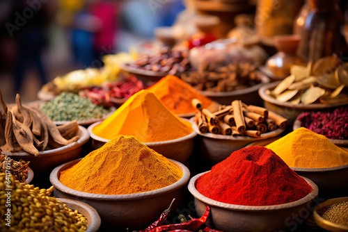 The lively essence of a bazaar, where scents and colors of spices entice and enchant visitors