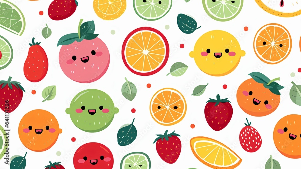 motifs fruits smileys sur fond blanc, illustration ia générative motifs fruits smileys sur fond blanc, illustration ia générative
