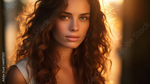 A captivating portrait of a woman with striking features, illuminated by the soft, natural light of golden hour.