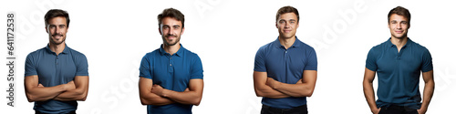 Young Caucasian man isolated on transparent background standing in a blue polo shirt smiling and posing with crossed arms looking directly at the camera
