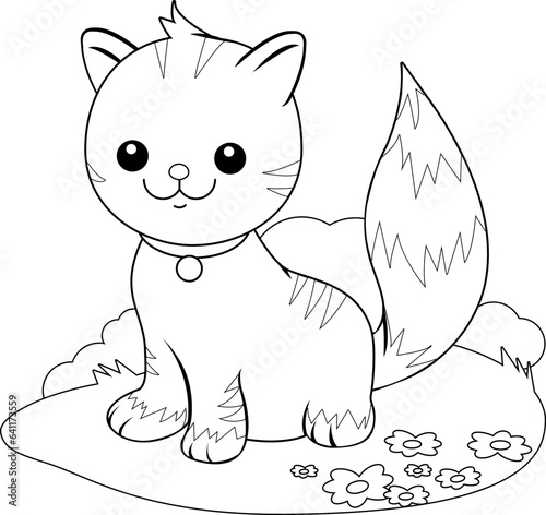 A cute happy cat in the garden sitting on the grass. Vector black and white coloring page.