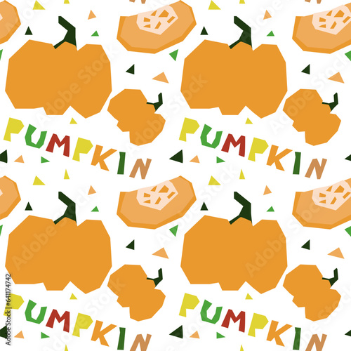 Seamless pattern in the form of a geometric pumpkin  hand-drawn  with an inscription. Vector illustration of vegetables in whole and in section. For wrapping paper  street festival  farmer s market