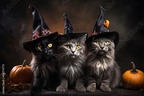 Adorable Group of Cats Wearing Witches Hats - Whimsical Halloween Pets © Sumalee