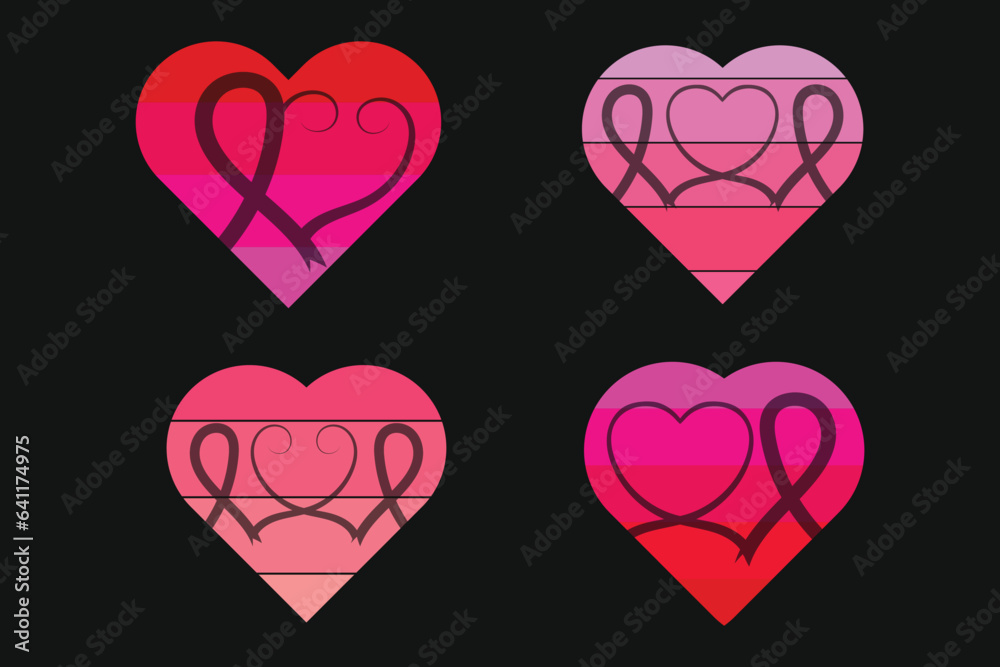 set of Breast Cancer Awareness Heart Ribbon with Butterfly vector symbol, Fight cancer ribbon logo and heart shape clipart, Hot Pink Color Stop cancer Campaign Svg, Cancer Awareness Month design art