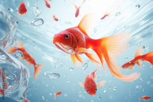  red goldfish swims .  © omune