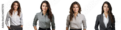 Professional concept of a smiling young woman in office attire standing against a transparent background while eyeing the camera