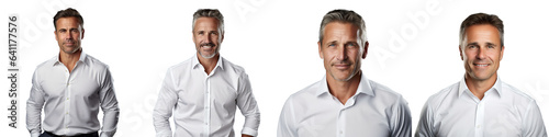 Happy confident middle aged businessman in a white shirt posing for a business portrait isolated on transparent background