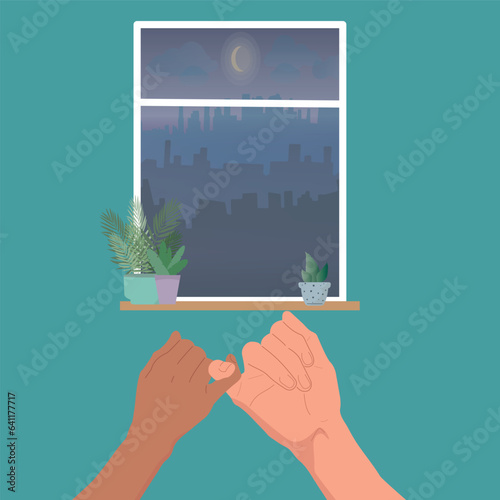 The concept of love and teamwork. Two hands hold each other. Symbol of happy partnership, success, childhood, friendship. Flat design. Vector.