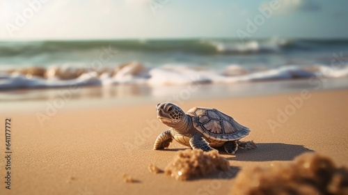 A sweet little turtle making its way along a sandy beach, with gentle ocean waves in the background, leaving space for text to capture the essence of the scene. AI generated.