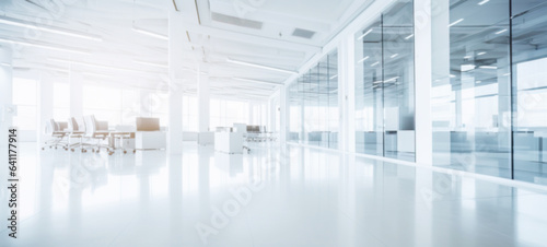 Blur of white open space office interior in white glass office background modern cityscape background  Business lifestyle