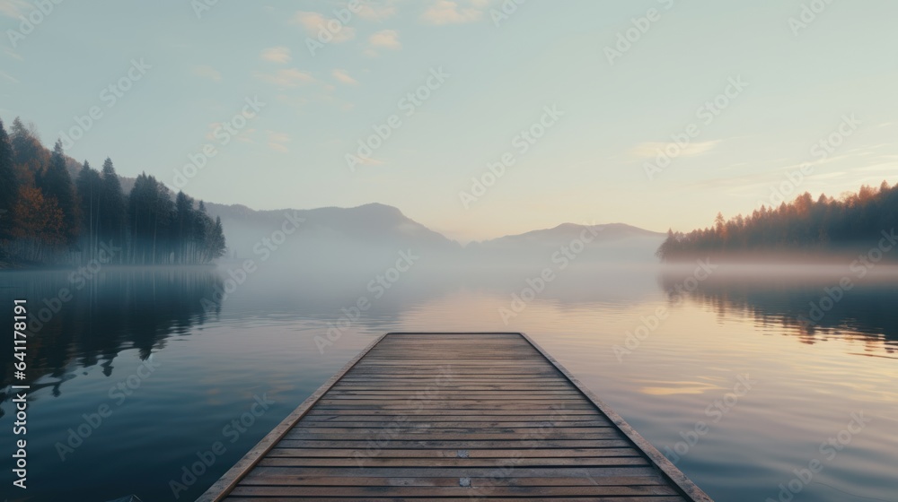 Woodenpier or jetty on lake at a foggy sunrise. Relax, vacations, or work life balance theme